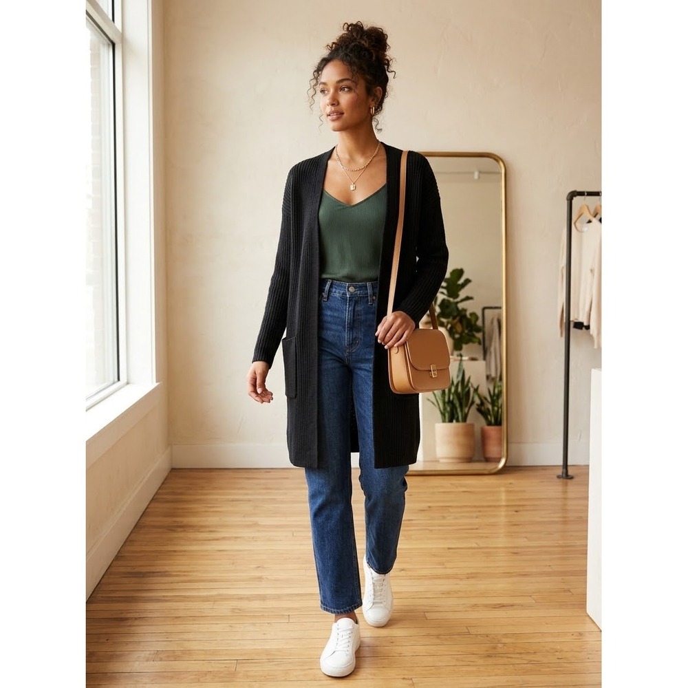 Athleta Black Wool Cashmere Ribbed Longline Cardigan Sweater Small Open Front